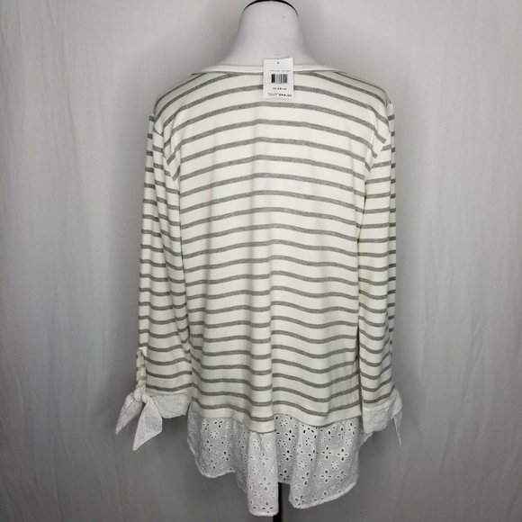 Status by Chenault Ivory Gray Stripe LS Eyelet Top - Picture 7 of 8